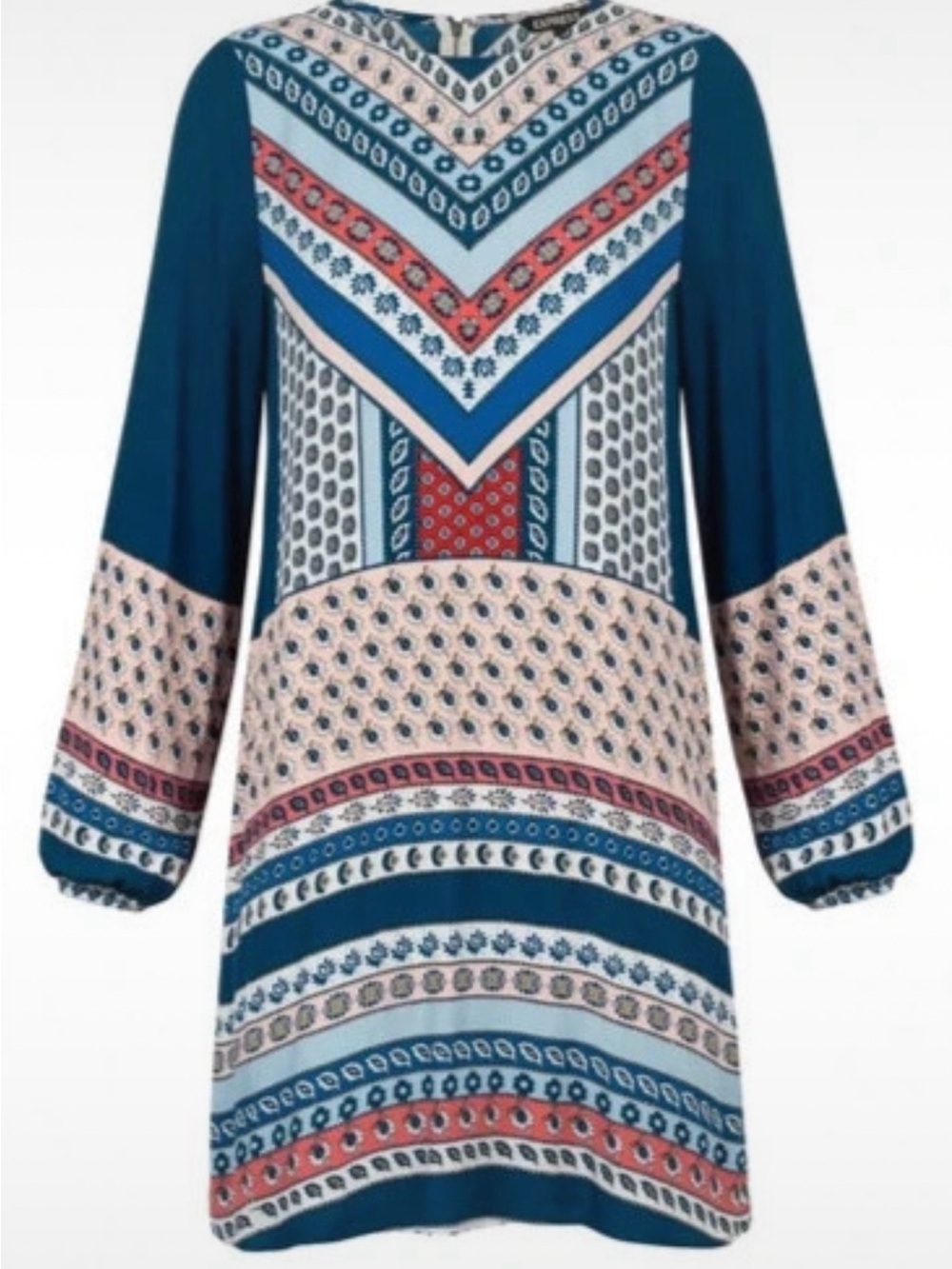 Express Teal and Coral Patterned Backless Long-Sleeve Dress